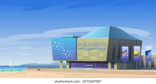 Facade of the oceanarium building. Educational, tourist complex for studying and demonstrating marine animals. Coast, sea bay, cobblestone embankment, modern architecture. Vector cartoon illustration.