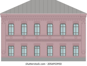 The facade of an old brick building. Russia, Ural Federal District. Vector image.