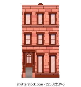 facade of an old building, three-storey house, multi-storey, square windows, red brick color, vector illustration