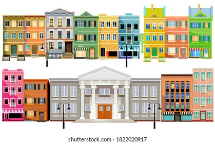 Facade of old buildings, illustration