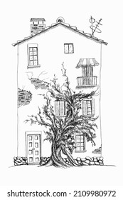 Facade of old cartoon house with tree. Hand drawn outline vector sketch illustration. Black on white background