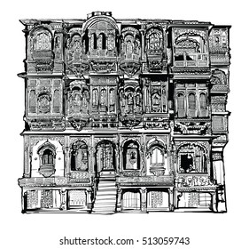 Facade of old house with balconies in Jodhpur, India - vector illustration

