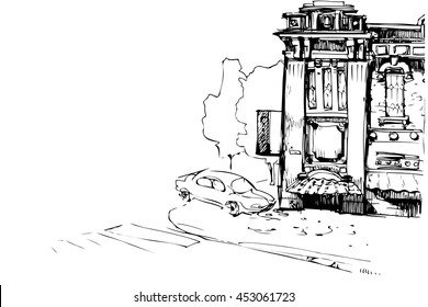 the facade of the old house and car