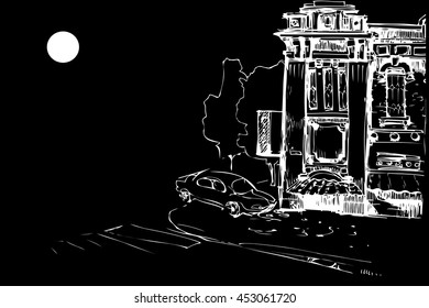  facade of the old house and the car at night