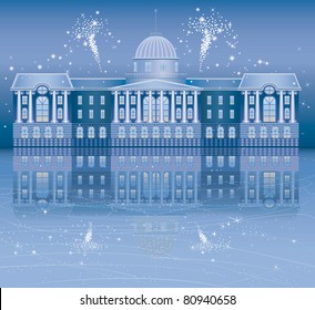 Facade of the old house decorated with christmas lights