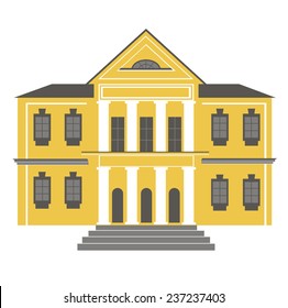 Facade of one two-story yellow classic  building with white columns. Vector illustration