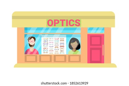 Die Fassade des Optikgeschäfts und eine Sonnenbrille einzeln auf weißem Hintergrund. Vektorgrafik im Flachstil. Vintage, Klassik, Moderne Brille Rand Silhouette. Geschäft verkaufen Brille.