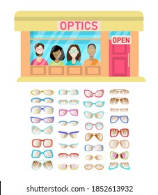 La fachada de la tienda de ópticos y un conjunto de gafas de sol aisladas en un fondo blanco. Ilustración vectorial en estilo plano. Vintage, clásico, de estilo moderno, gafas de silueta dorada. tienda vendiendo gafas.