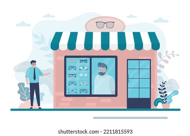 The facade of the optics store with set of sunglasses, accessory. Shop selling various glasses. Client buying eye glasses or sunglasses. Retail, shop storefront. Flat style vector illustration 