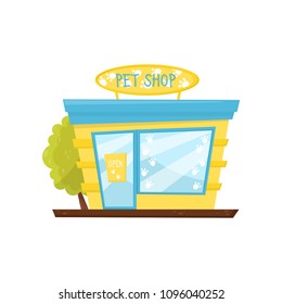 Facade Of Pet Shop. Store Of Animal Goods. Commercial Building With Signboard, Big Glass Window And Door. Cartoon Vector Icon