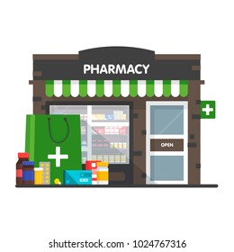 Facade of pharmacy, the sale of drugs and pills. Template concept for the website, advertising and sales. Vector illustration
