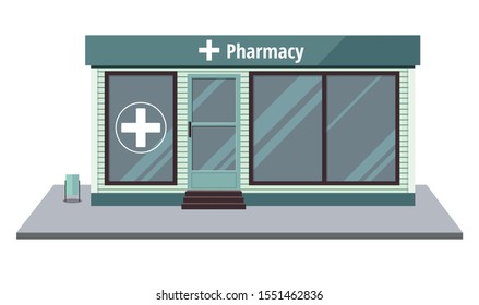 Facade of pharmacy store isolated on white background. Drugstore house. Vector Illustration