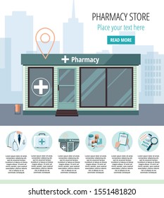 Facade of pharmacy store isolated on city background. Drugstore house. Vector infographic