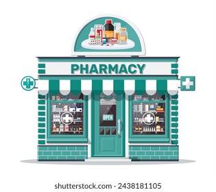 Facade pharmacy store with signboard. Exterior of drugstore. Medicine pills capsules bottles vitamins and tablets on showcase. Storefront shop building, street architecture. Flat vector illustration