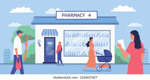 Facade of pharmacy store in urban space and residents with prescriptions going to medical building flat horizontal vector illustration