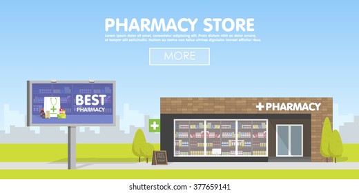 Facade of Pharmacy storefront in the urban space, the sale of drugs and pills. Billboard advertising from pharmacies. Template concept for the website, advertising and sales. 