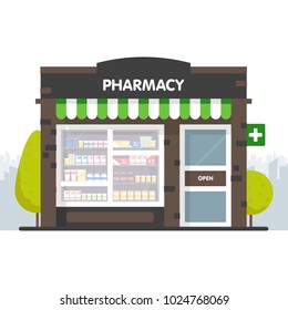 Facade of pharmacy in the urban space, the sale of drugs and pills. Template concept for the website, advertising and sales. Vector illustration