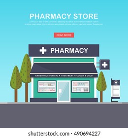 Facade of pharmacy in the urban space, the sale of drugs and pills. Template concept for the website, advertising and sales.