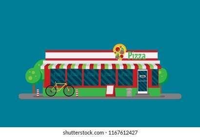 Facade of pizzeria flat vector.
