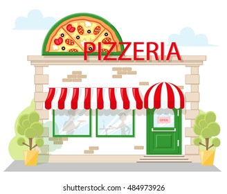 Facade pizzeria with a signboard, awning and silhouettes people in shopwindow. Image in a flat design. Front shop for Concept brochure or banner. Vector illustration isolated on blue background