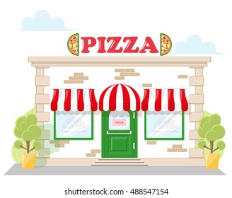 Facade pizzeria with a signboard pizza, awning and symbol in shopwindow. Abstract image in a flat design. Concept for banner or brochure. Vector illustration isolated on white background