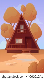 Facade pretty lonely at home. Nearby trees . Autumn. Vector cartoon illustration
