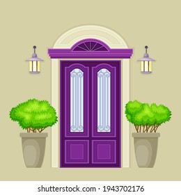 Fachada de la puerta doble violeta delantera con perchas decorativas en Cachepot e iluminación vectorial
