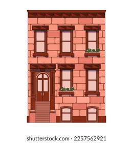 facade of a red brick building with large windows and a beautiful view, vector illustration, old style