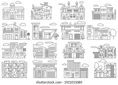 Die Fassade eines Wohngebäudes. Modernes angesagtes Landhaus, Stadthaus. Außen eines Landhauses. Satz von Vektorsymbols einzeln auf Weiß, Rahmenstil.