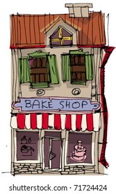 A facade of the retro bakery. An old house with showcase at the ground floor.Cartoon. Caricature.