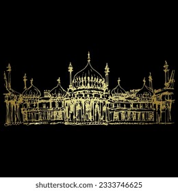 Facade of the The Royal Pavilion in Brighton, England. Architectural monument in Indo-Saracenic style. Hand drawn linear sketch. Golden glossy silhouette on black background.