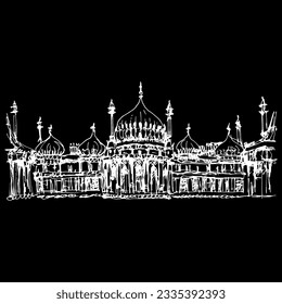 Facade of the The Royal Pavilion in Brighton, England. Architectural monument in Indo-Saracenic style. Hand drawn linear sketch. White silhouette on black background.