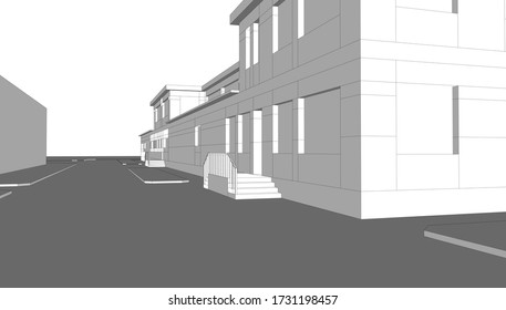 
facade of a school building, 3d visualization of space