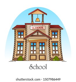Facade of school building with bell or college construction with ring. College or public education structure, place for kids, children learn. Exterior or outdoor view at house for pupil.Primary school