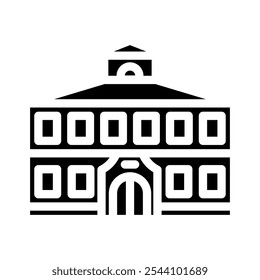 Vector del icono del glifo del edificio de la escuela de la fachada. Muestra del edificio de la escuela de la fachada