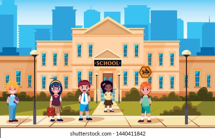 facade of school with cute little students