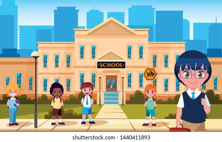 facade of school with cute little students