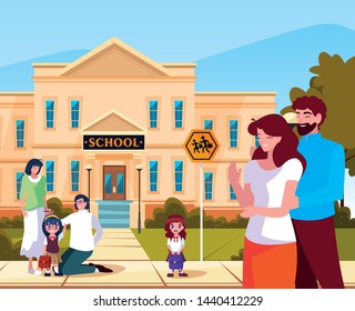facade of school with parents and daughters