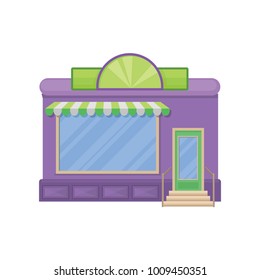 Facade of shop building with showcase window, front view of city building cartoon vector Illustration