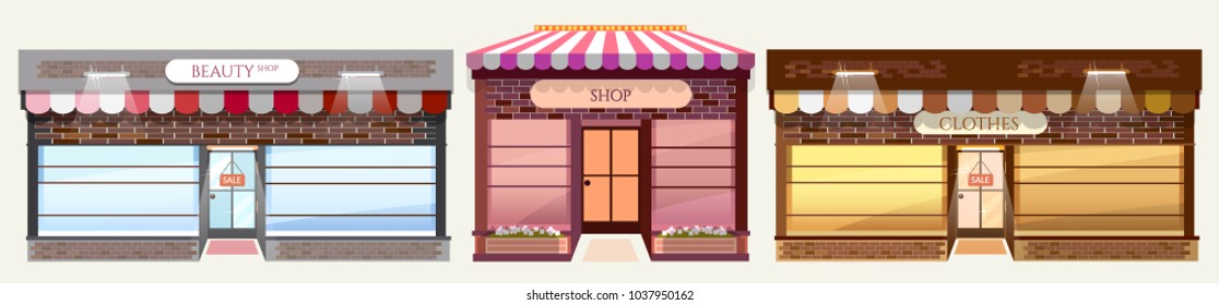 Facade shop collection, shop building fashion facade boutique store vector 