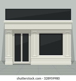 Facade Shop, Store, Boutique With Glass Windows And Doors, Front View. Front Of House. Template For Outdoor Advertising. Vector Detailed Illustration.