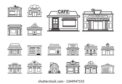 Facade Shop Store Front View Line Art Outline Style Icon Set