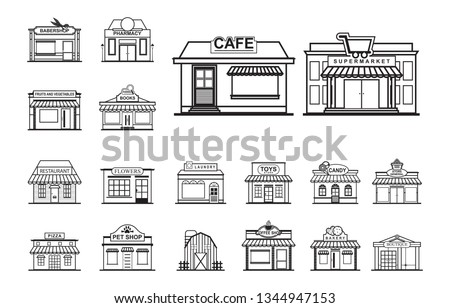 Facade Shop Store Front View Line Art Outline Style Icon Set