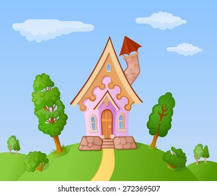 The facade of a small house in a landscape