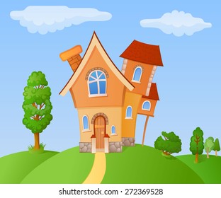 The facade of a small house in a landscape