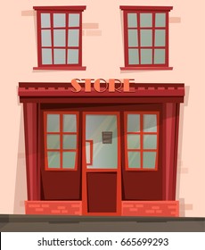 The facade of a small retro shop. Brick wall, windows. Vector cartoon illustration