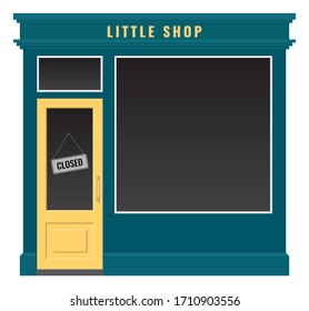 Fachada de una pequeña tienda. Firma la puerta "Tienda cerrada". Concepto de quiebra de pequeñas empresas después de la epidemia de coronavirus (COVID-19) en el mundo. Ilustración plana de material vectorial aislada en blanco