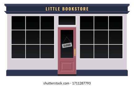 Facade of small store. Sign on the door "Store closed". Concept of small business bankruptcy after the coronavirus epidemic (COVID-19) in the world. Vector stock flat illustration isolated on white