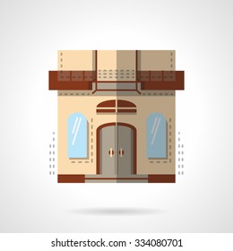 Facade of store building. Arch door and windows. Flat color style vector icon. Single design elements for website, mobile and business. 