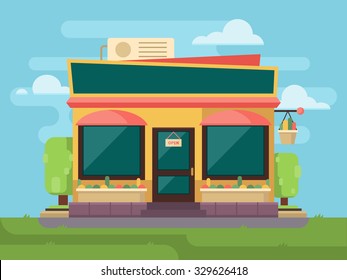Facade store and shop or cafe with landscape. Vector flat design illustration